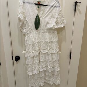FARM Rio White Ruffled Tiered Midi Dress